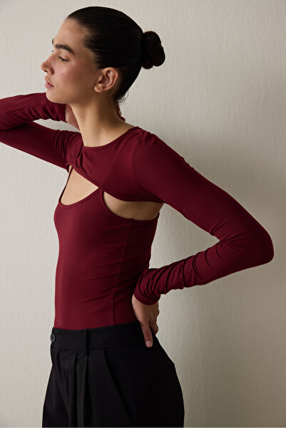 Penti Burgundy Crew Neck Long Sleeve Bodysuit with Window Detail