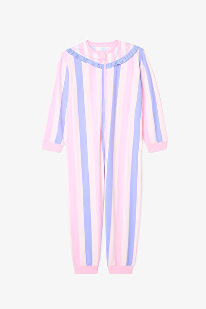 Penti Açık Pembe Kız Çocuk Çizgili Fermuarlı Pijama Tulum