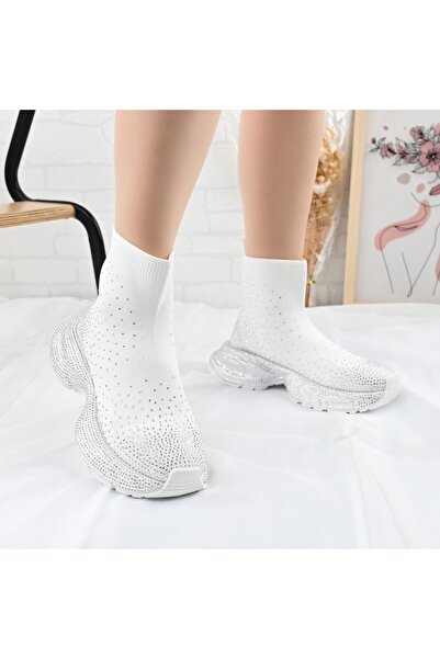 Tmall Pantofi sport damă, cu model de șosete, D1384, albi