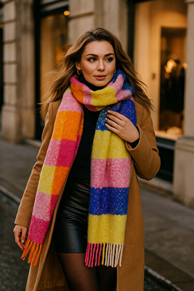 Luminos Butik Φούξια καρό πλεκτό κασκόλ - Κίτρινο μπλε πορτοκαλί καρό φούντα Sal1256