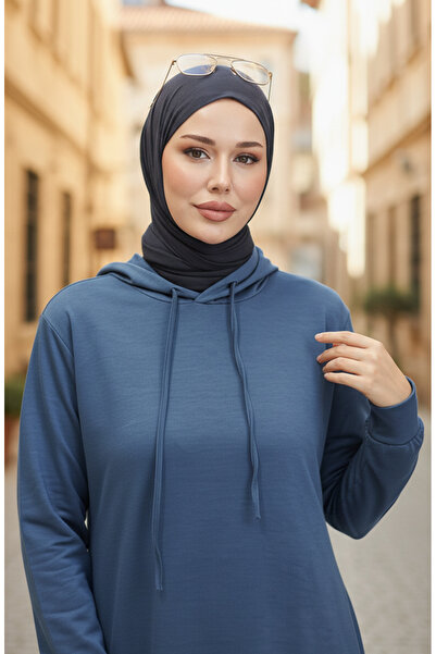 sefamerve Indigofarbenes Sportkleid mit Kapuze – 0190-21 Zwei Fäden