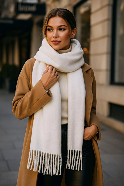 Luminos Butik White Tassel Thick Shawl - Soft Texture, Warm, Multi-Purpose Daily and Special Accessory! Sal1257