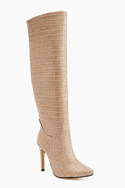 Limoya Γυναικείες μπότες Nenya Beige με μοτίβο κροκόδειλου με μυτερό τακούνι