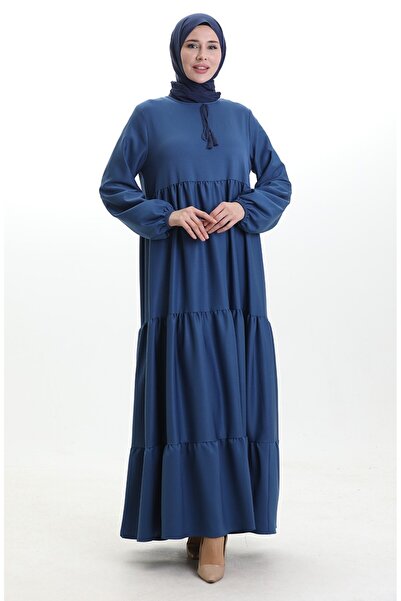 sefamerve Collar Lace-Up Layered Dress 4107-15 Navy Blue