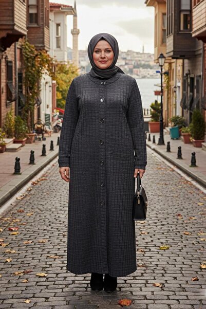 Hermevsim Hesna Women's Nurel Plus Size Winter Square Snap Button Navy Blue Overcoat