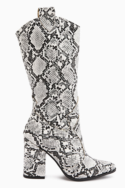 Limoya Cizme scurte de damă cu toc cu tăietură asimetrică cu model de șarpe a...