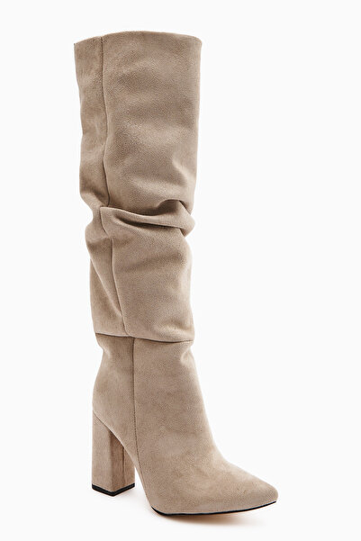 Limoya Cizme de damă Loren Bej din piele intoarsa cu toc inalt pana la genunchi
