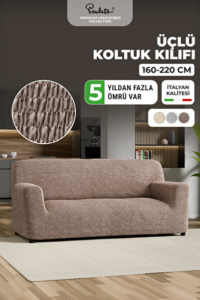 Paulato Piliseli Lastikli Esnek ve Yıkanabilir 3 Kişilik Koltuk Örtüsü - Kakao