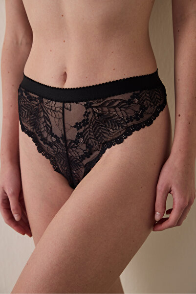 Penti Siyah Çiçek Desenli Dantelli Düşük Bel Tanga Külot