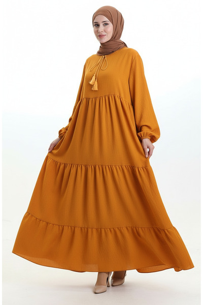 sefamerve Lace-up neck layered dress 4107-14 mustard