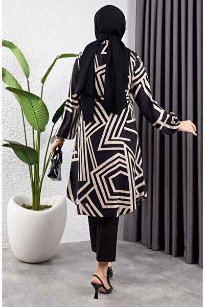 sefamerve Geometric pattern viscose tunic 0173-01 black mink