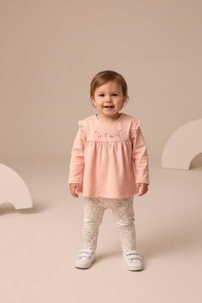 Minipodyum Baby Girl Ruffled Floral Embroidered Tights Two-Piece Set Salmon