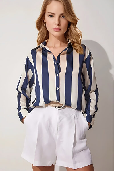 hazelin Women's Navy Blue Cream Striped Satin Shirt HZL23S-BD1201731