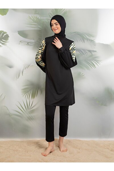 Mayo Bella Lycra Full Covered Swimsuit with Design Sleeve Detail - Black - Swimsuit Bella