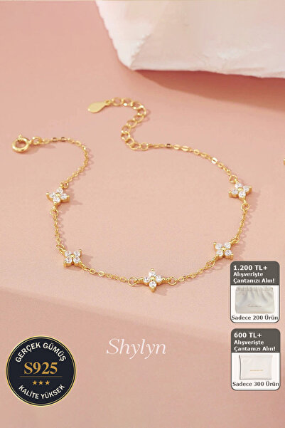 Shylyn 925 Gümüş Altın Kaplama Zirkonlu Çoklu Yonca Bileklik