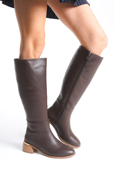 FEMME Kadın Yuvarlak Burun Fermuarlı Kalın Topuklu Günlük çizme Honera Kahve ...