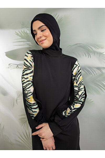 Mayo Bella Lycra Full Covered Swimsuit with Design Sleeve Detail - Black - Swimsuit Bella