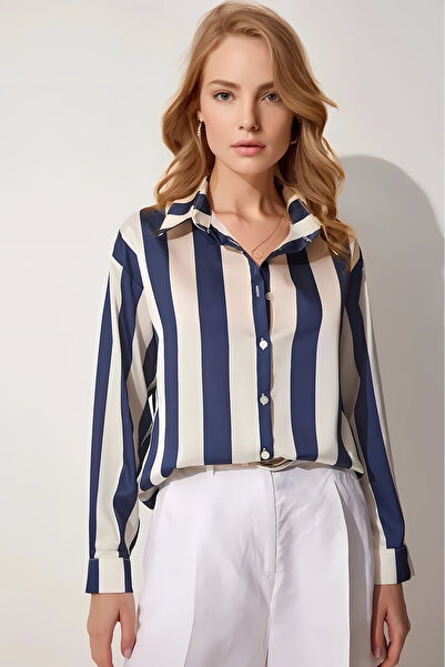 hazelin Women's Navy Blue Cream Striped Satin Shirt HZL23S-BD1201731