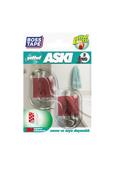 Boss Tape Güçlü 3M Yapışkanlı Şeffaf Banyo Mutfak Bornoz Havlu Bez Askısı 2'l...