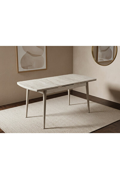 DENGEMA Berlin Açılır Dikdörtgen Masa – Traverten, Kapuçino Ayak, 80×130 → 160 cm (Sandalyesiz, 4–6 Kişilik)