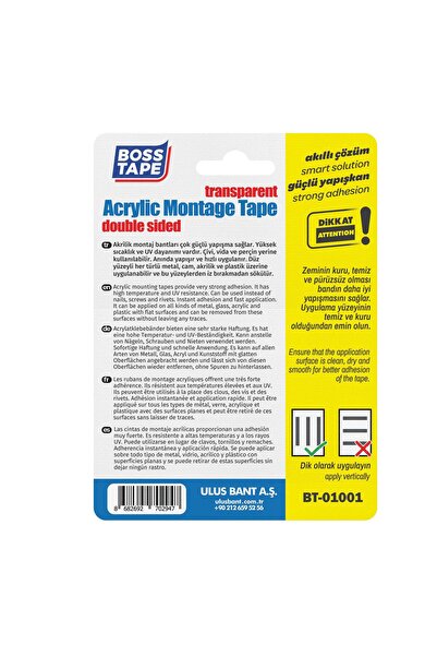 Boss Tape Şeffaf Çift Taraflı Akrilik Montaj Bandı En:18mm Boy:2mt