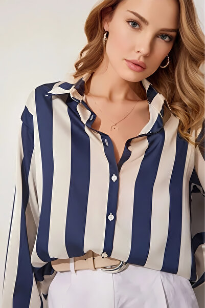hazelin Women's Navy Blue Cream Striped Satin Shirt HZL23S-BD1201731