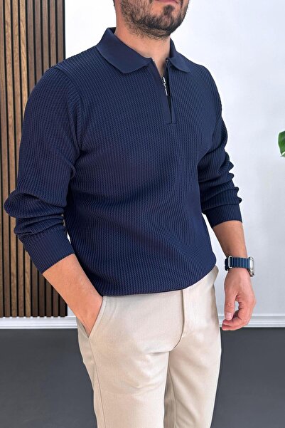 Edwox Men's Patterned Stretch Fabric Zippered Sweater Navy Blue Edw428