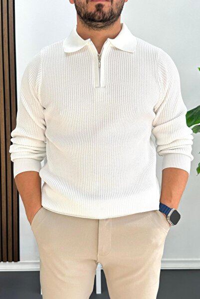 Edwox Men's Patterned Stretch Fabric Zippered Sweater White Edw428