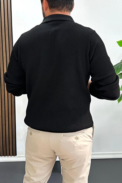 Edwox Men's Patterned Stretch Fabric Zippered Sweater Black Edw428