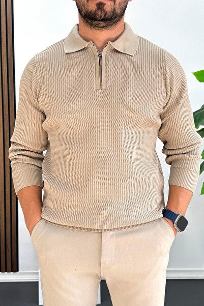 Edwox Men's Patterned Stretch Fabric Zippered Sweater Mink Edw428