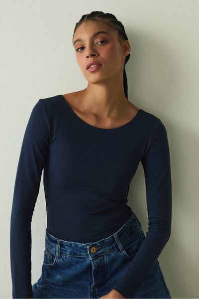 Penti Navy Blue Crew Neck Long Sleeve Fixed Covered Slim Fit Top