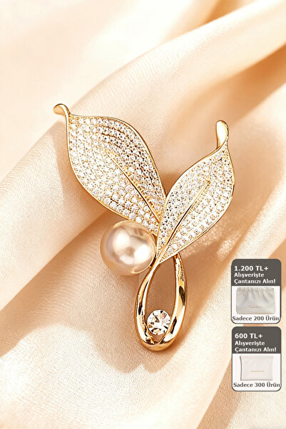 Shylyn İnci ve Zirkon Taşlı Altın Yaprak Broş