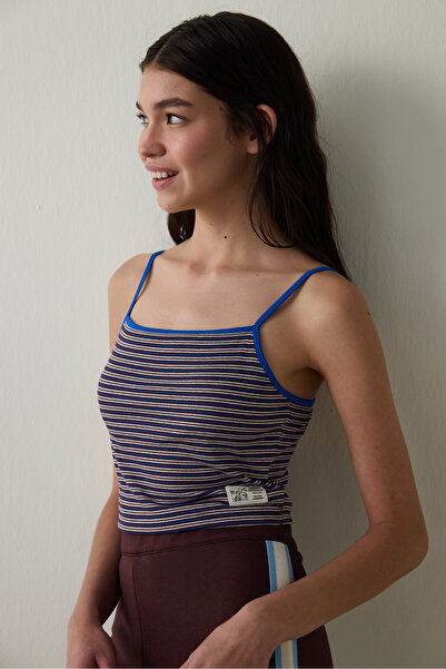 Penti Brown Striped Textured Square Neck Cotton Removable Covered Crop Tank - Inspired by Flora