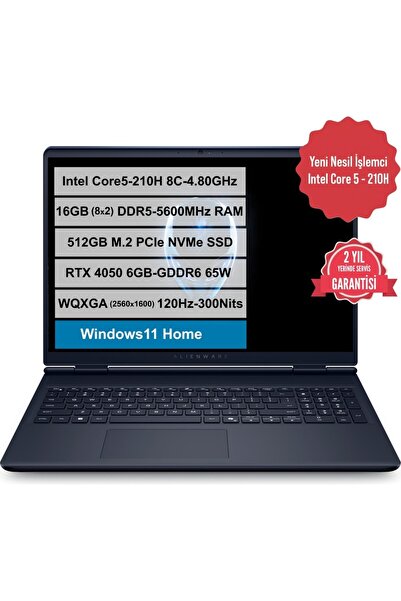 Dell Alienware 16 Aurora Intel Core i5-210H RTX4050-65W 16GB DDR5 512GB SSD 16" Windows11H AC16250