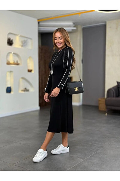 By Sevilen Collection Women's Long Sleeve Crew Neck Midi Modal Dress