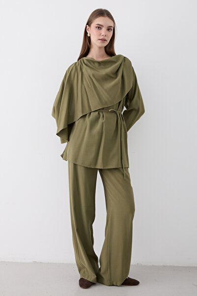 JASTE Women's Draped Belted Blouse & Wide Leg Elastic Waist Pants Set