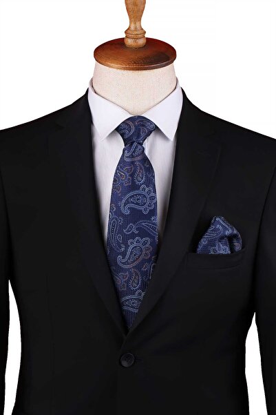Kravatkolik Navy Blue Paisley Pattern Classic Tie with Handkerchief Kk13129