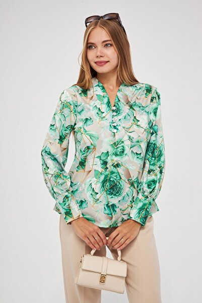 ESPİNA Γυναικεία Ψηφιακή Εμφάνιση Μπροστινή Μπλούζα Scuba με μανσέτα με κουμπιά