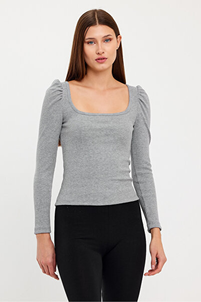 Avones بلوزة نسائية ذات ياقة مربعة وأكمام طويلة، مزيج من اللون الرمادي