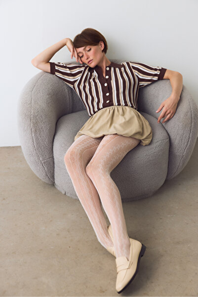 VINIA Stone Color Amelia Geometric Patterned Fishnet Pantyhose