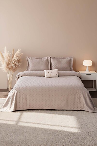 Rivaİstanbul Talya Mink Punch Embroidered Double Bed Cover Set 4 Piece Sleep & Dowry Set