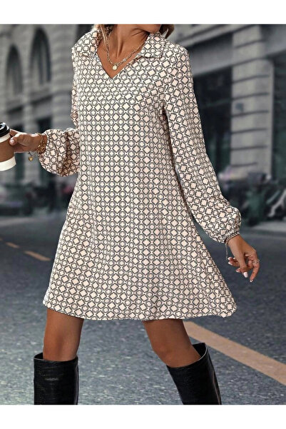 Butik Women's Long Sleeve Collared Patterned Mini Modal Dress