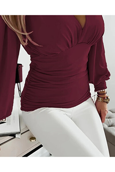 GENCULUS Women's Long Sleeve Deep V Neck Front Gathered Sandy Blouse