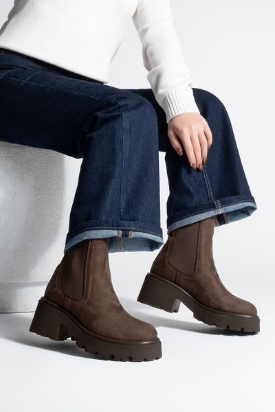 Marjin Women's Thick Heeled Accessory Zippered Elastic Daily Boots Fenros Brown Suede