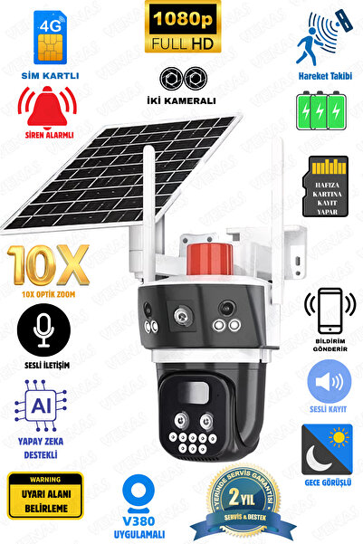 Venas 10x Zoom 4G Sim Kartlı Solar güneş Enerjili Full HD Çift Kameralı Akıll...