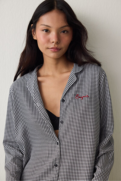Penti Black Bonjour Plaid Embroidery Detailed Shirt Collar Pajama Set