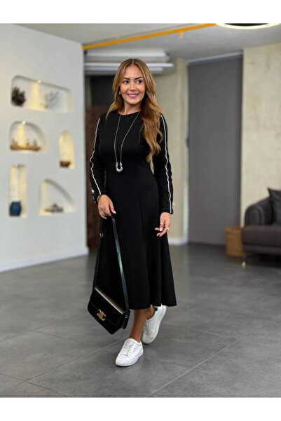 By Sevilen Collection Women's Long Sleeve Crew Neck Midi Modal Dress