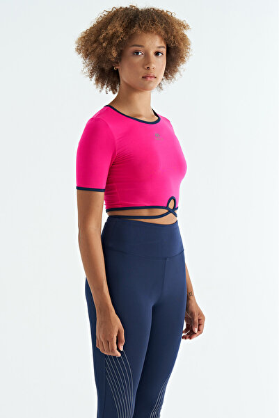 TOMMY LIFE Fuchsia Waist Tie Detailed O Neck Standard Mold Diving Fabric Women's Crop T-Shirt - 97266