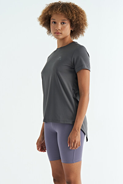 TOMMY LIFE Dark Gray Back Slit Detailed O Neck Short Sleeve Standard Fit Women's T-Shirt - 97267