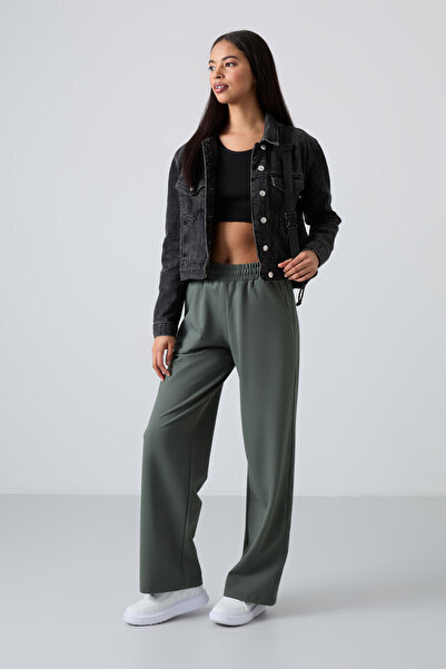 TOMMY LIFE Χακί ψηλόμεση τσέπη Άνετη φόρμα με φαρδύ γυναικείο πάτο - 94567